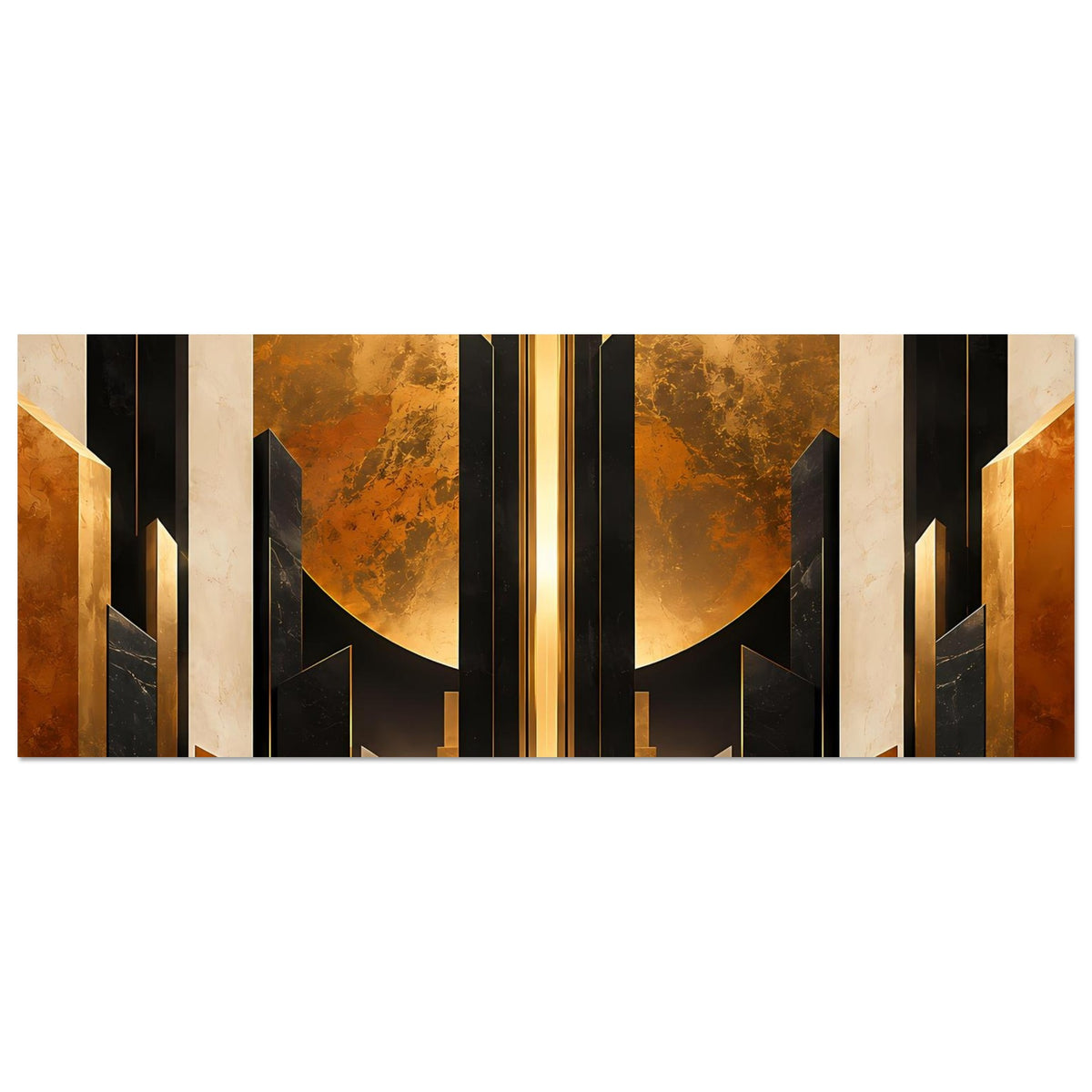 Panorama-Art-Deco-Poster: goldene Architekturformen, Halbkreis und Stufen in Schwarz-Gold