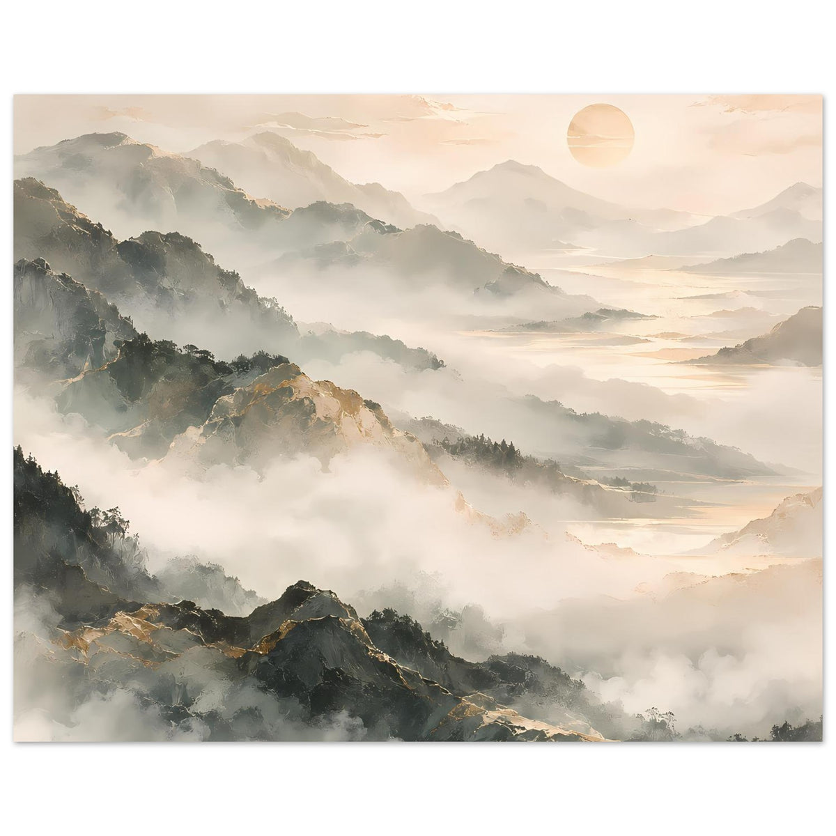 Poster im Hochformat mit nebligen Bergen und goldener Sonne im hellen Abendhimmel