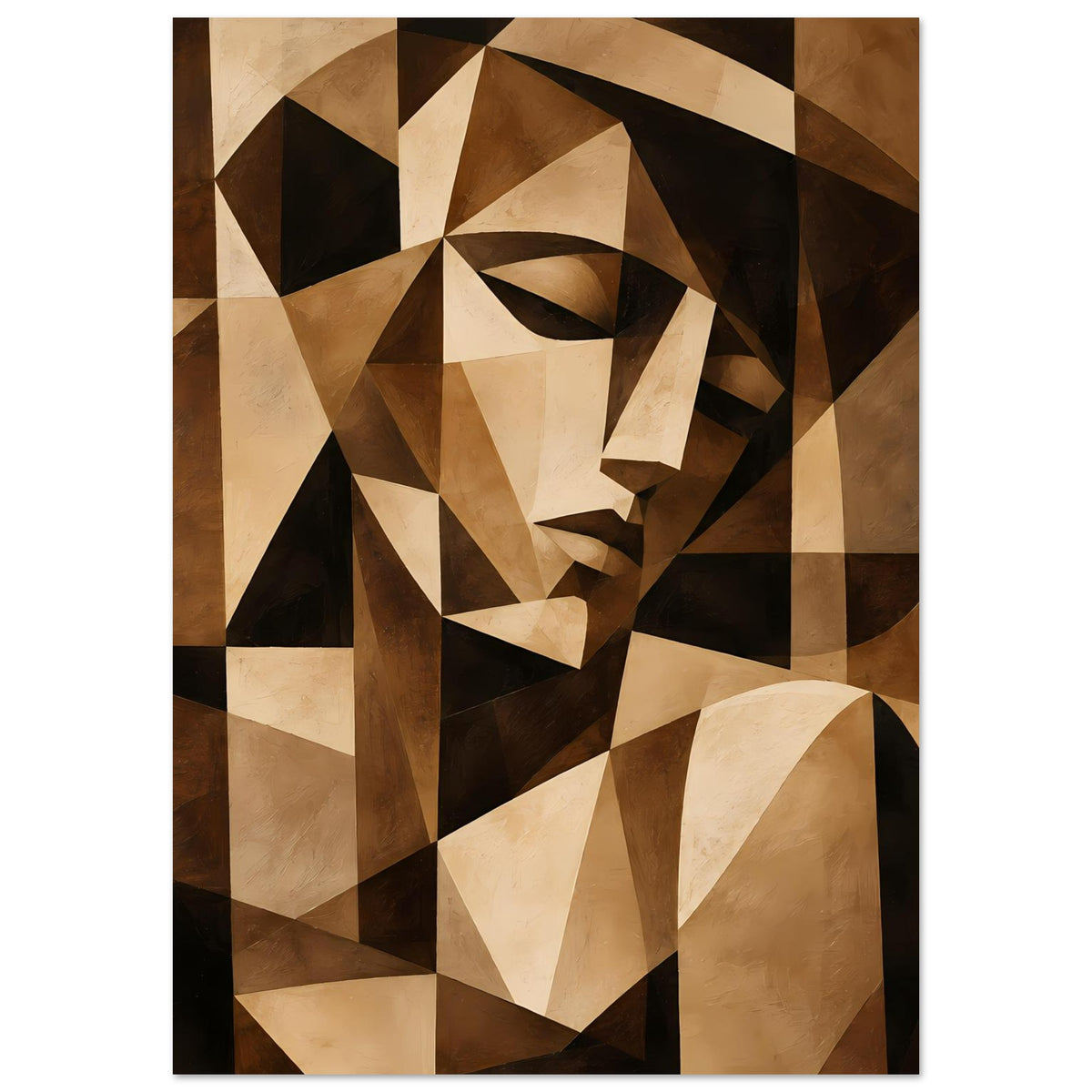 Kunstposter mit abstrahiertem kubistischem Gesicht in Braun, Beige und Schwarz