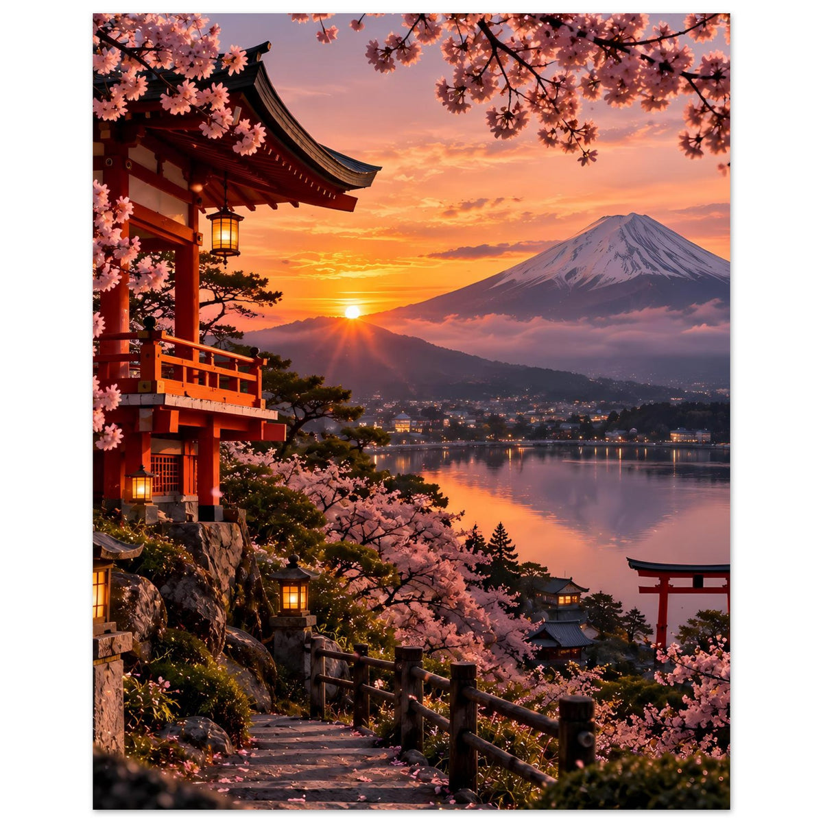 Vertikales Poster: Kirschblütenweg am Tempel, Berg Fuji über ruhigem See im Sonnenuntergang