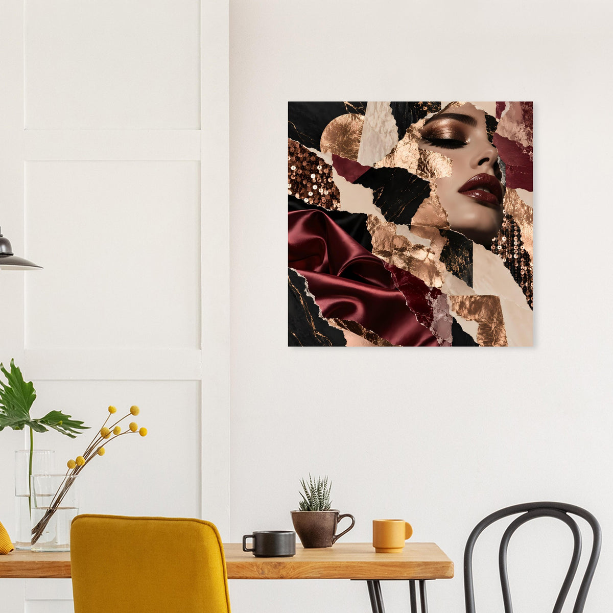 Posterbild mit Frauenporträt in Bordeaux und Gold, dekorative Mustermosaike