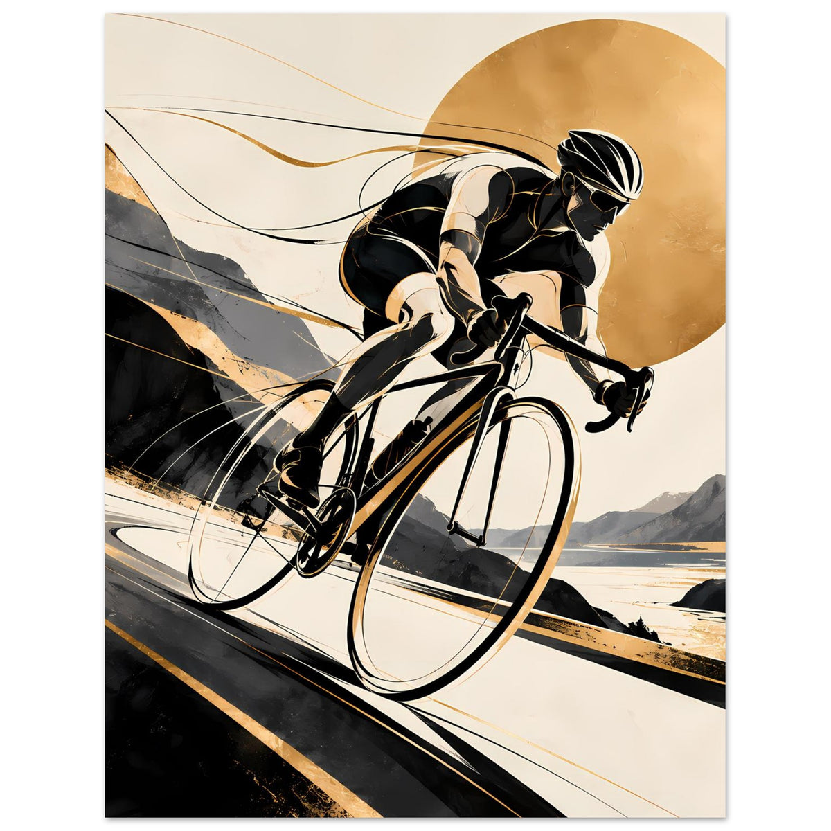 Hochformat-Sportposter mit Radfahrer in Schwarz und Gold, Fahrradgrafik und Konturen