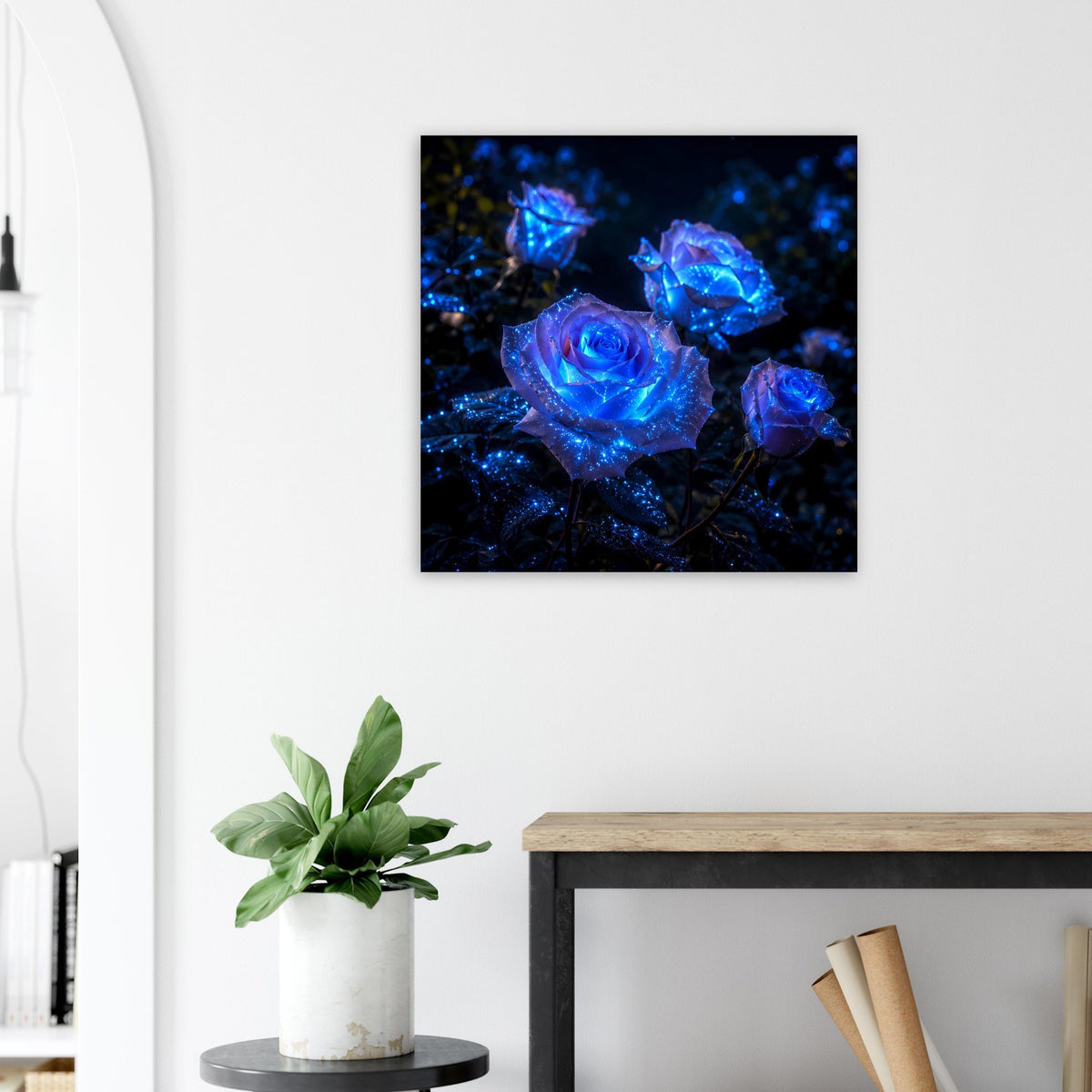 Poster mit leuchtenden blauen Rosenblüten, schwarze Einfassung