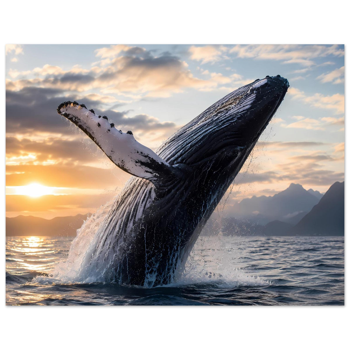 Poster mit Buckelwal beim Brechen der Wasseroberfläche in Abendsonne