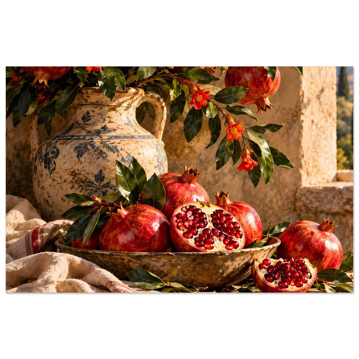 Horizontales Stillleben-Poster: rote Granatäpfel in Schale, Vase, Blätter und Blüten
