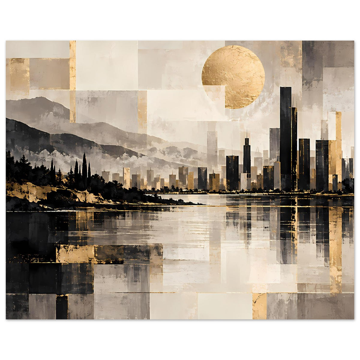 Stadtlandschaftsposter mit goldakzentuierten Flächen, Skyline und Wasserreflexion