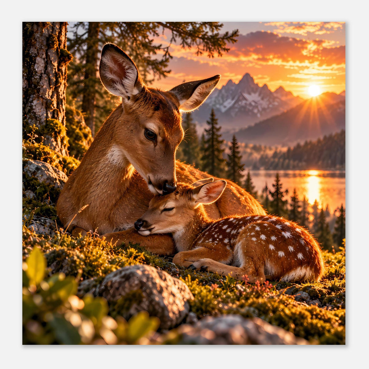 Hochformat-Poster mit Rehkopf und Rehkitz, warmes Sonnenuntergangslicht, Naturmotiv