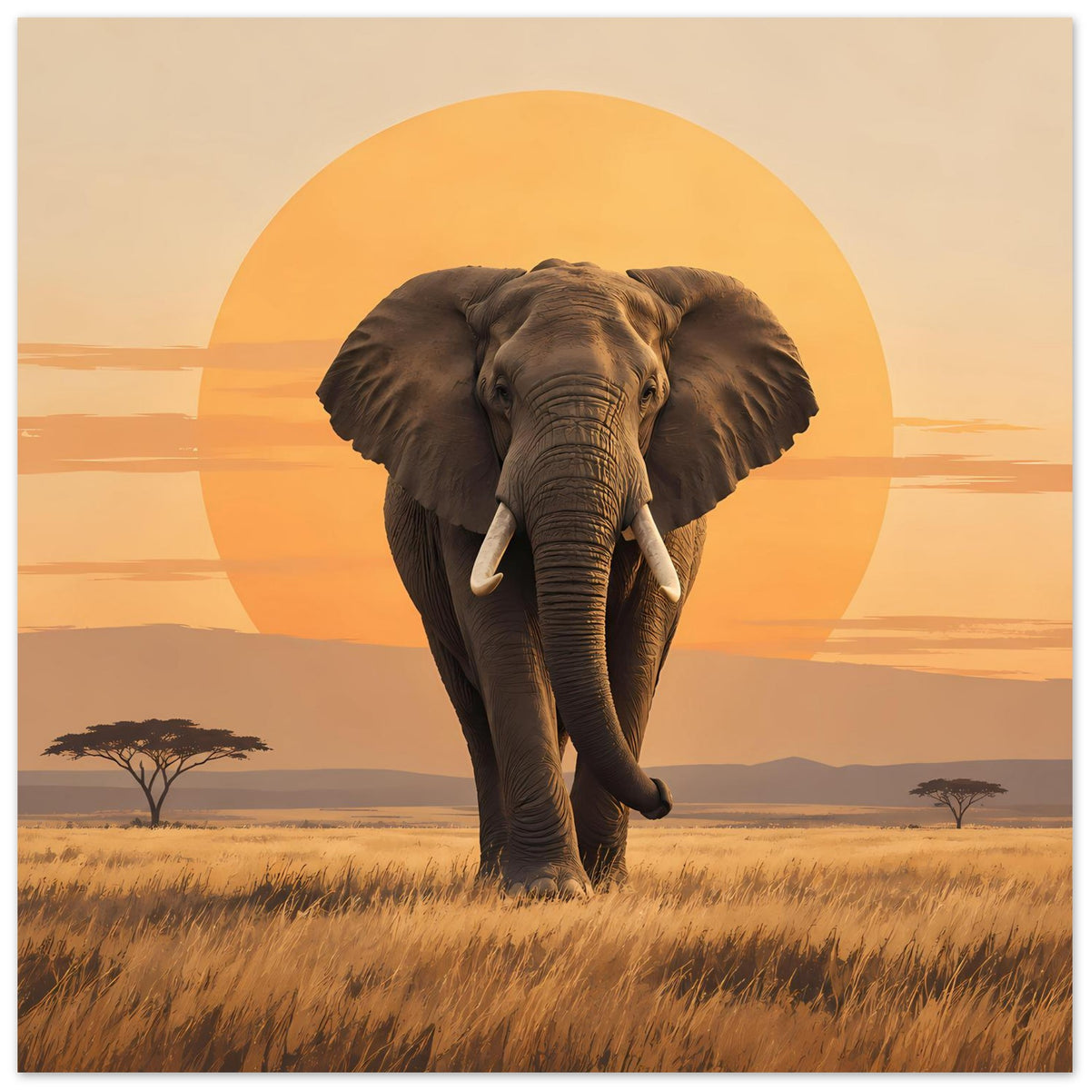 Elefanten-Sonnenuntergangsposter: brauner Elefant mit nach vorn gerichteter Rüssel, quer