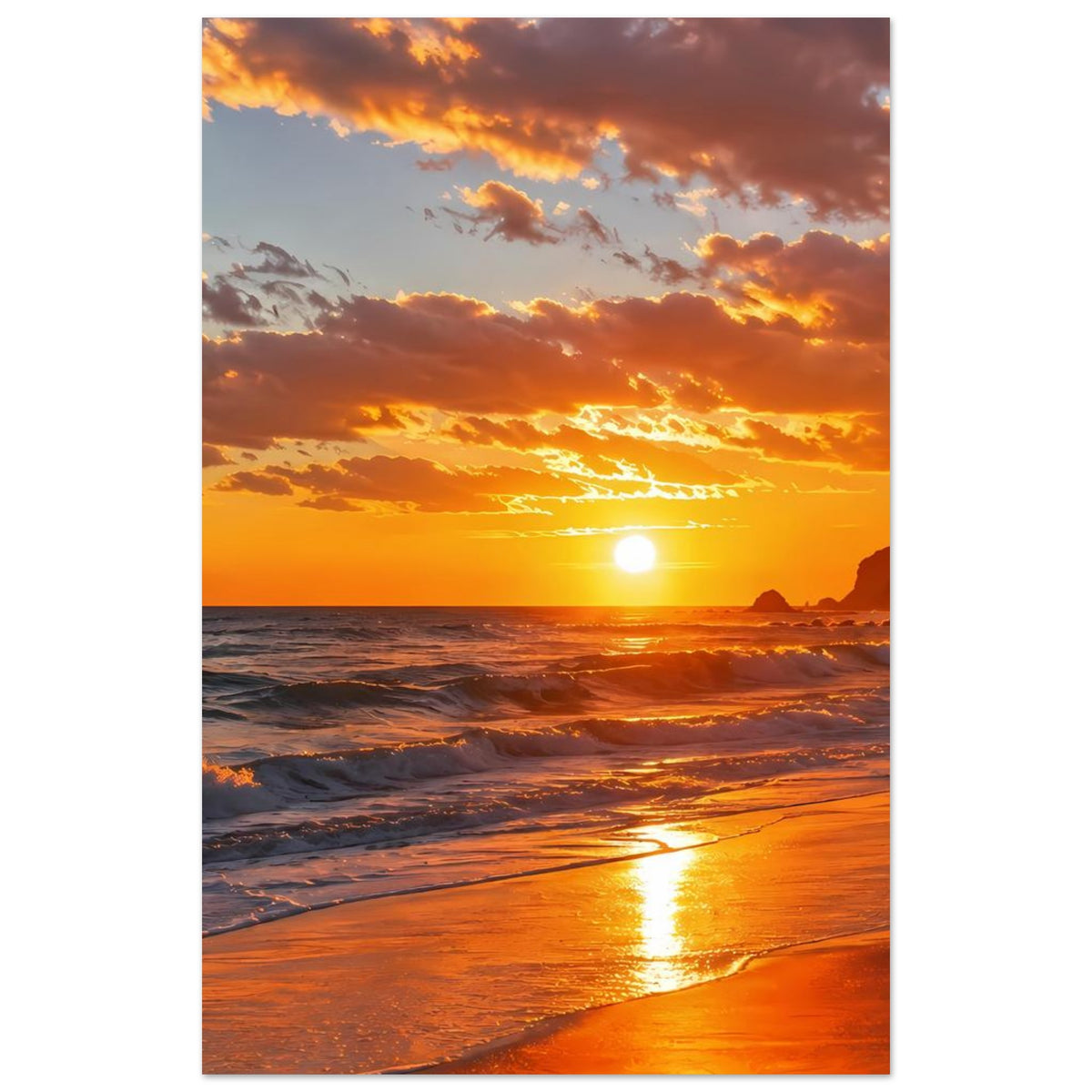 Strandposter im Hochformat mit Sonnenuntergang, heller Sonnenreflex auf nassem Strand