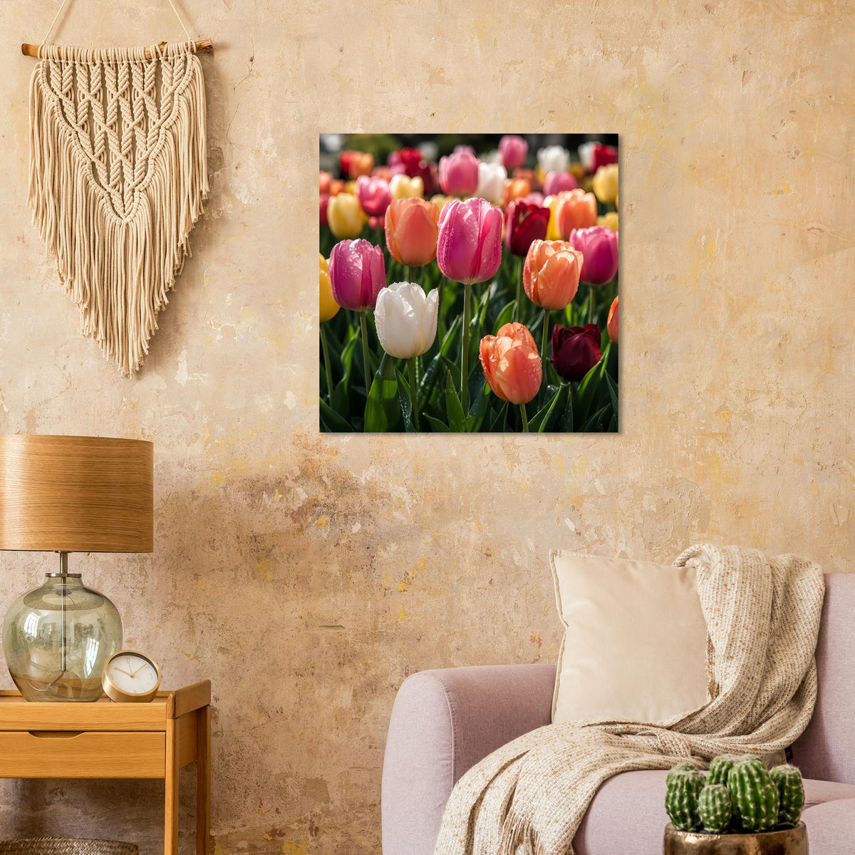 Quadratisches Tulpen-Poster mit schwarzem Rand, verschiedene Farbtulpen auf dunkelgrünem Grund