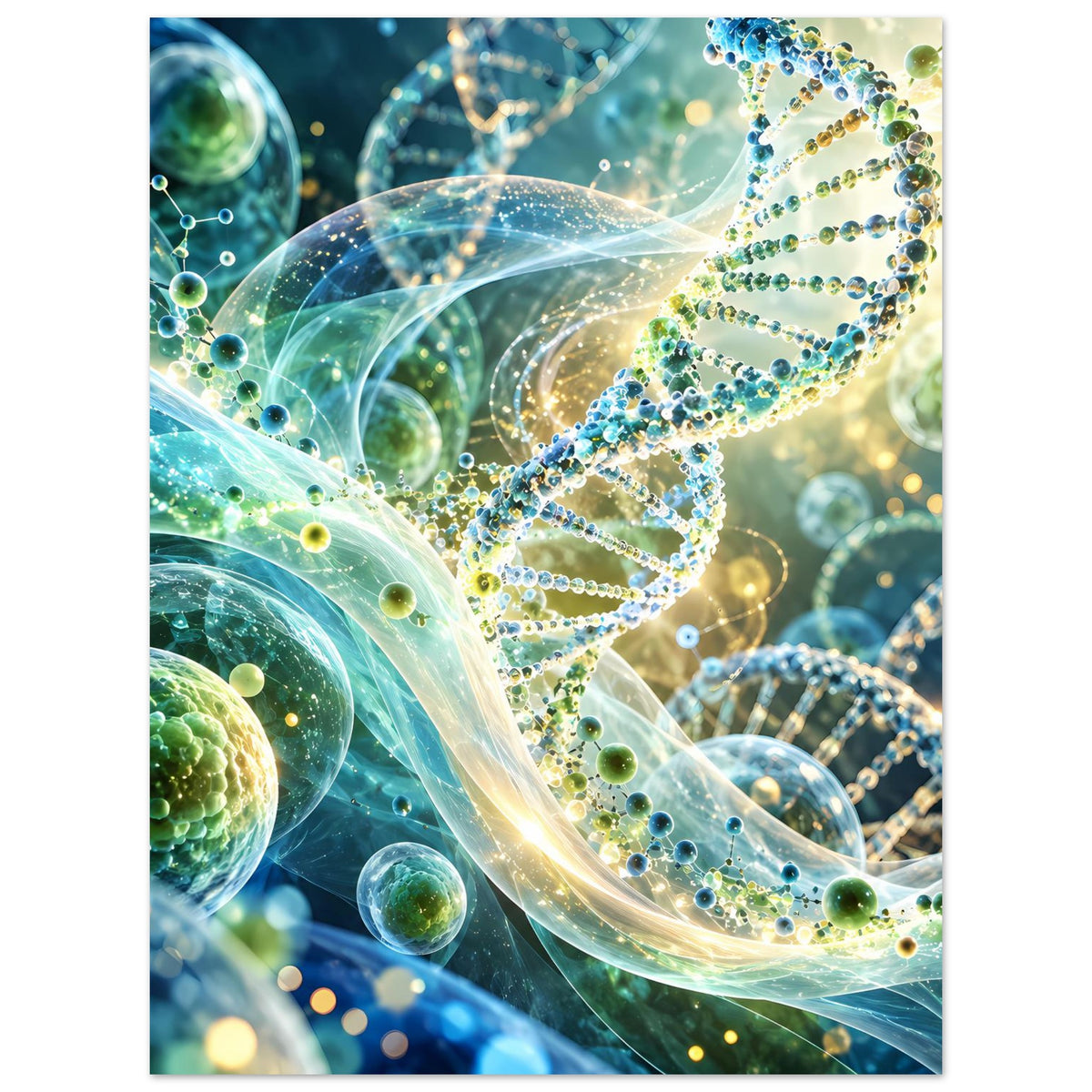 Leuchtendes DNA-Doppelhelix-Biotech-Poster, Fokus auf helle Doppelhelix und grüne Partikel