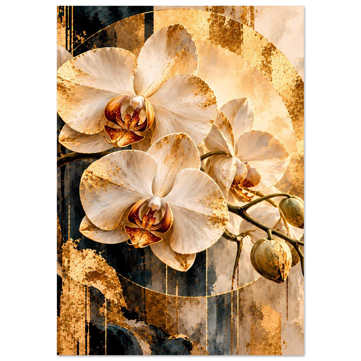 Wandposter im Hochformat mit weißen Orchideen und goldglitzernden Ornamenten