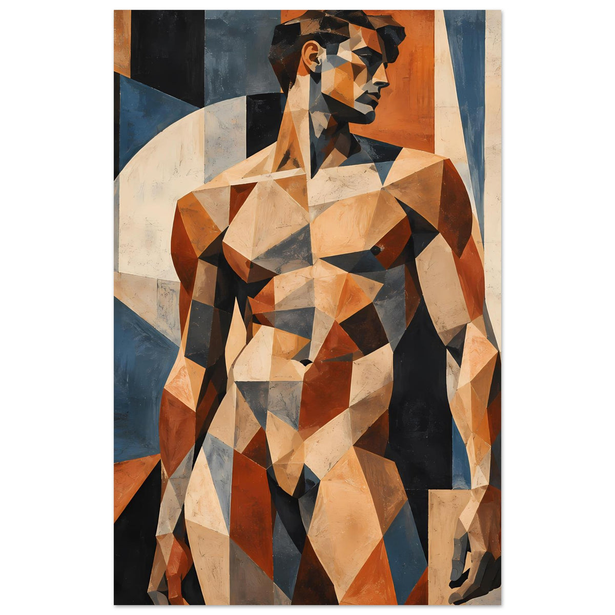 Kunstposter mit geometrischer Aktfigur eines Mannes, Fokus auf Brust und Oberkörper