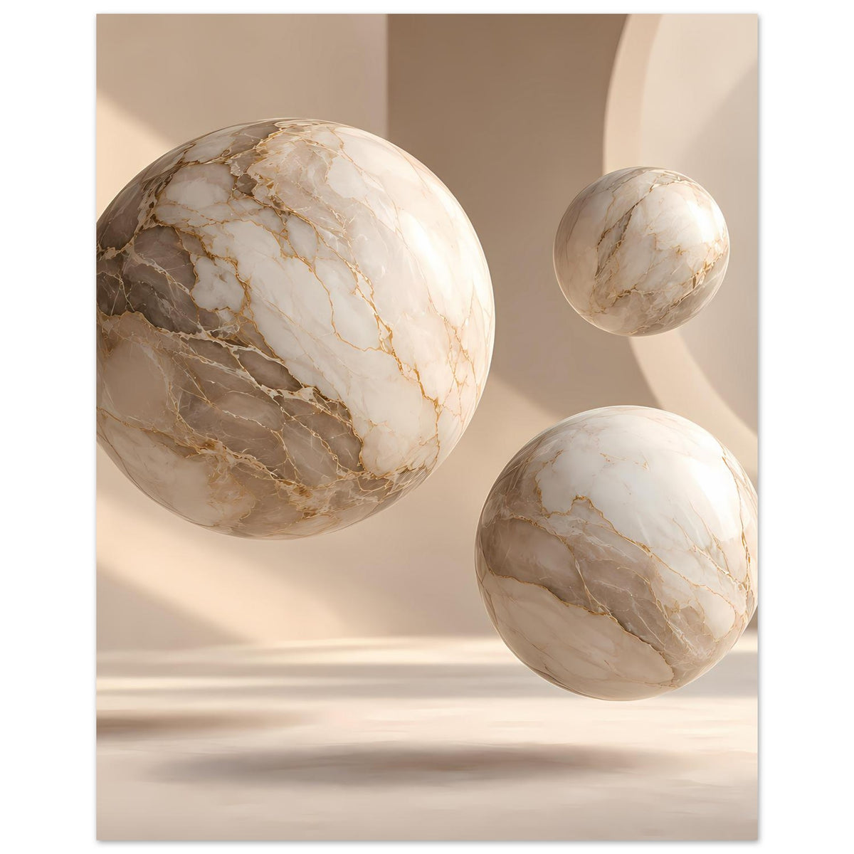 Wandkunst-Poster mit drei marmorierten Kugeln in hellem Beige, Goldadern und Grau