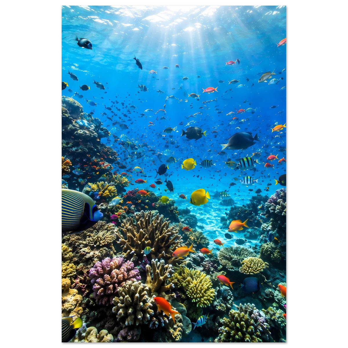 Poster mit Korallen und bunten Fischen im tiefblauen Wasser, viel Schwarmfisch