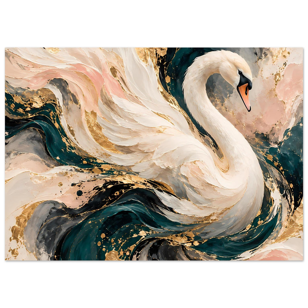 Kunstposter mit Schwanmotiv: weißer Vogel in abstrakten Pinselstrichen und Goldakzenten