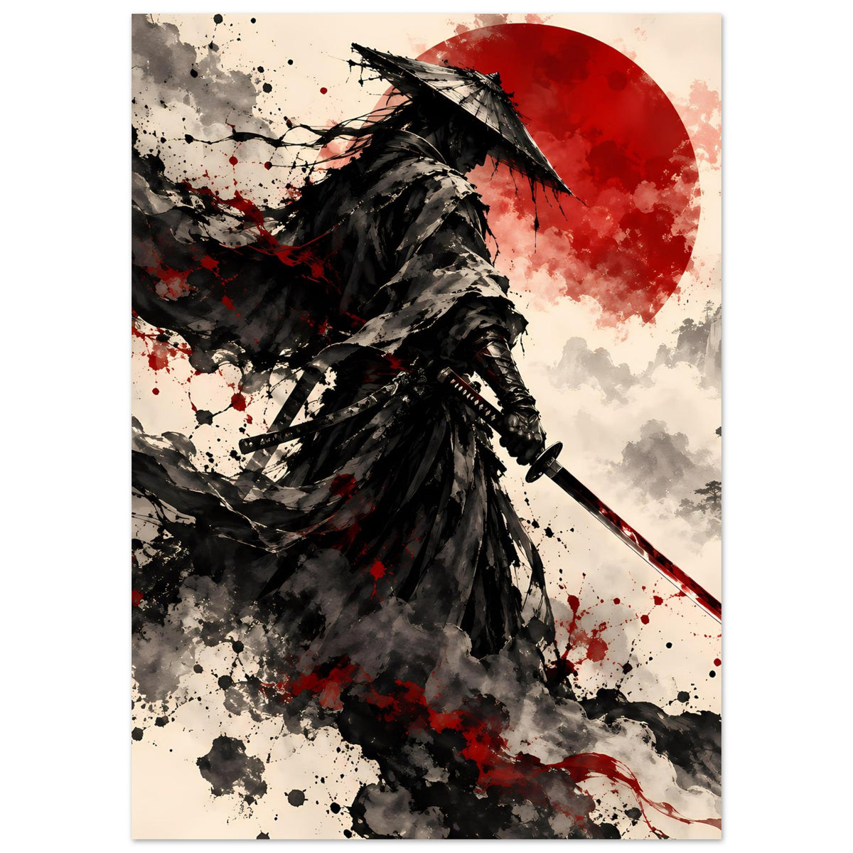 Poster: Samurai-Krieger in schwarzem Gewand, Schwert; roter Sonnenkreis und Rauchwolken