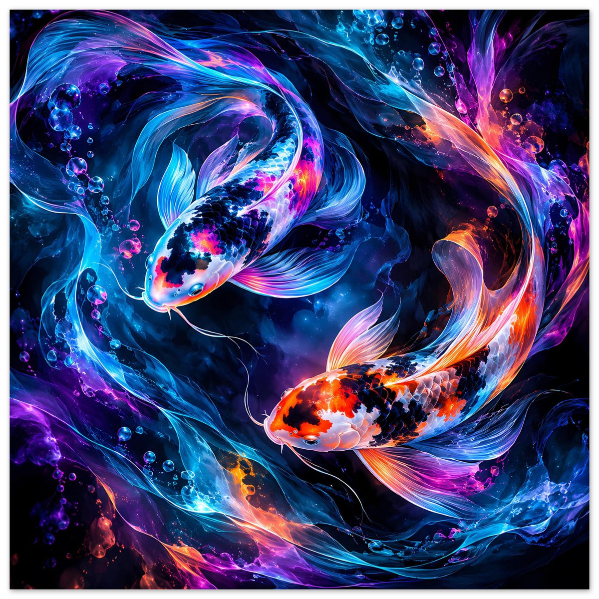 Hochkantiges Poster mit Koi-Fischen in Blau, Orange und Violett, dynamische Flossenbewegung