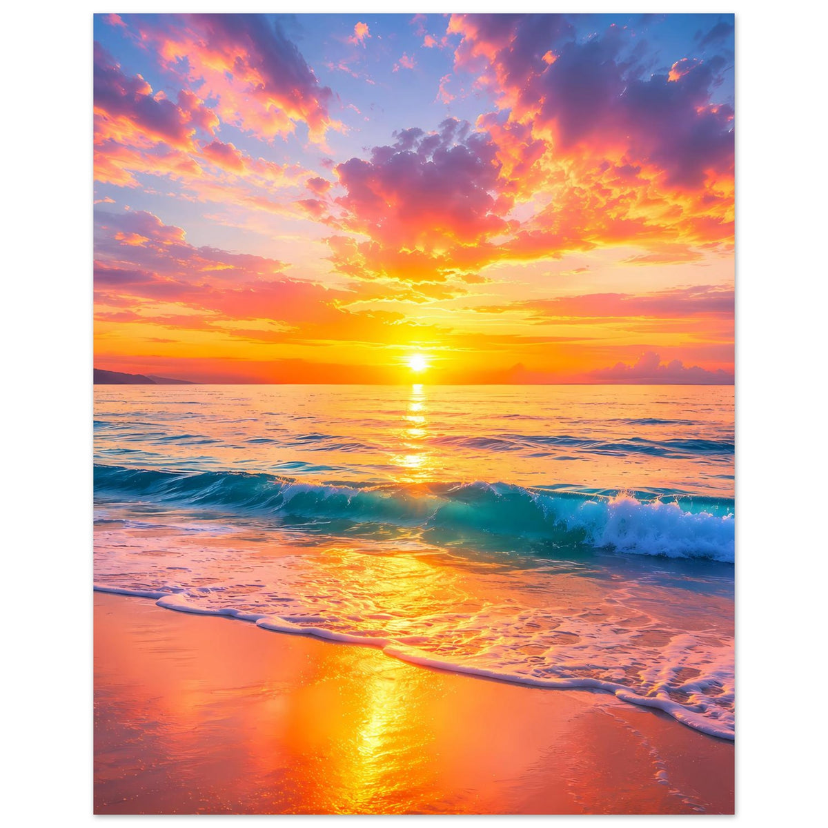 Hochformatiges Strandposter: Sonnenaufgang über dem Meer, goldene Lichtspur und Wellen