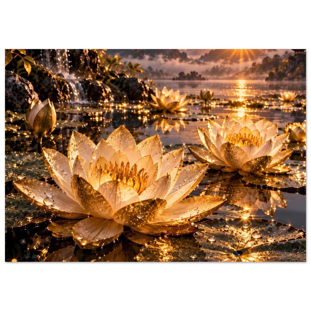 Horizontales Lotus-Blumenposter mit goldenen Blüten, Glitzer im Wasser und Sonnenaufgang