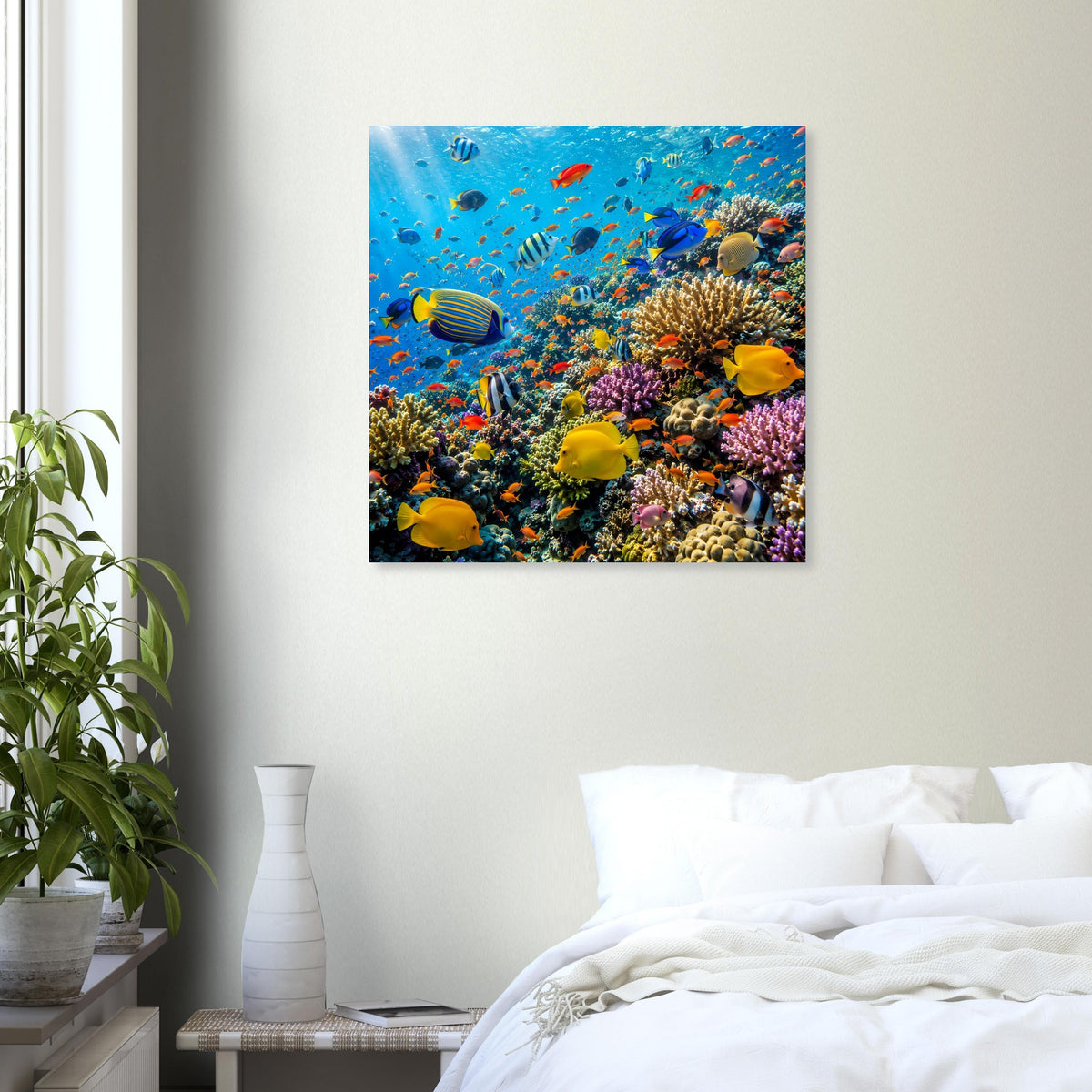 Korallenriff-Poster mit bunten tropischen Fischen und Korallen, quadratisch