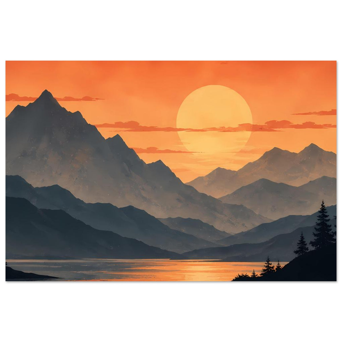 Poster im Querformat mit großer gelber Sonne, Bergketten und ruhigem See