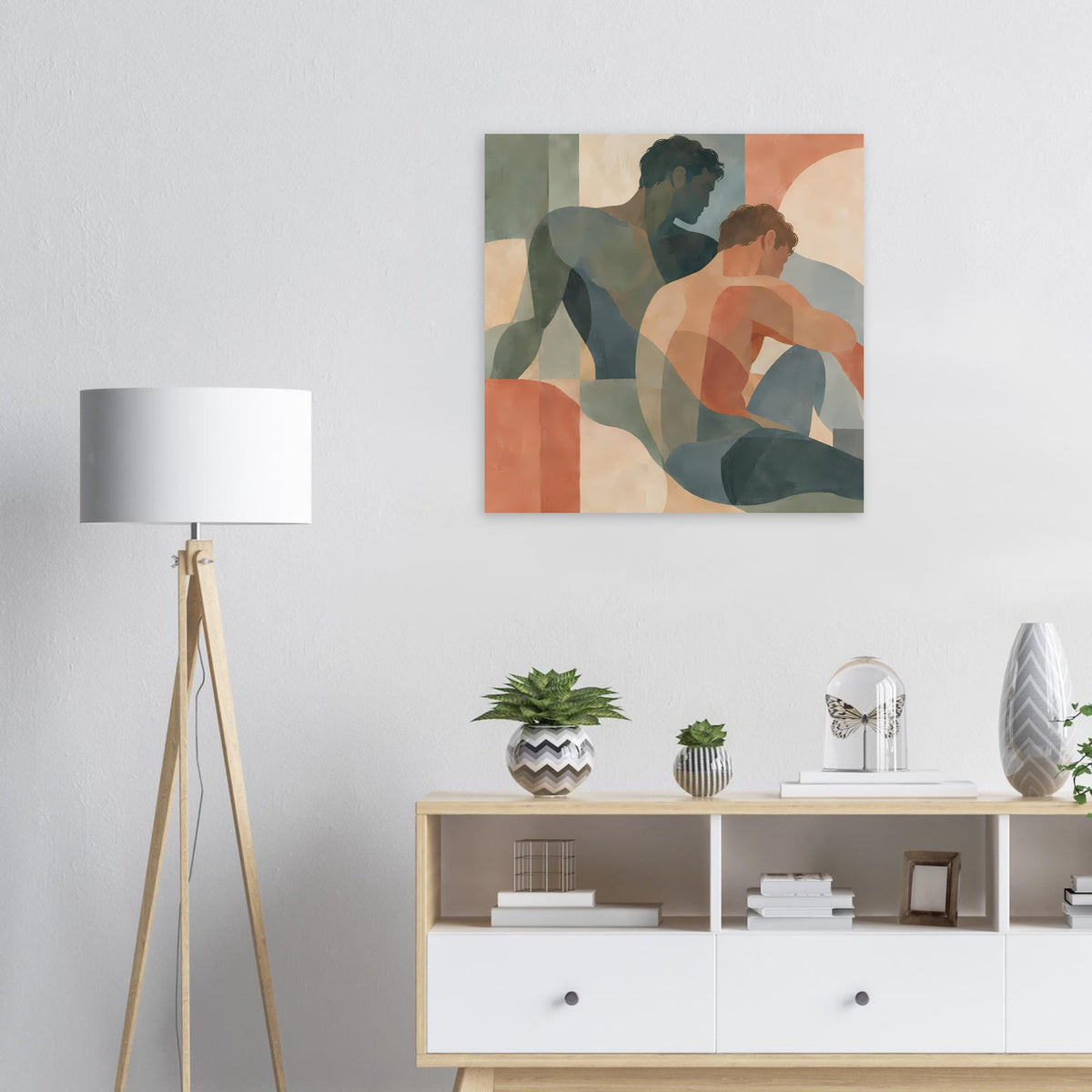 Abstrakter Kunstdruck mit zwei Figuren in gedeckten Erdtönen, quadratisches Motiv