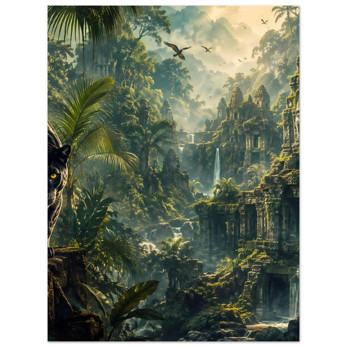 Poster: schwarzer Panther im Dschungel mit antiken Ruinen und Wasserfall