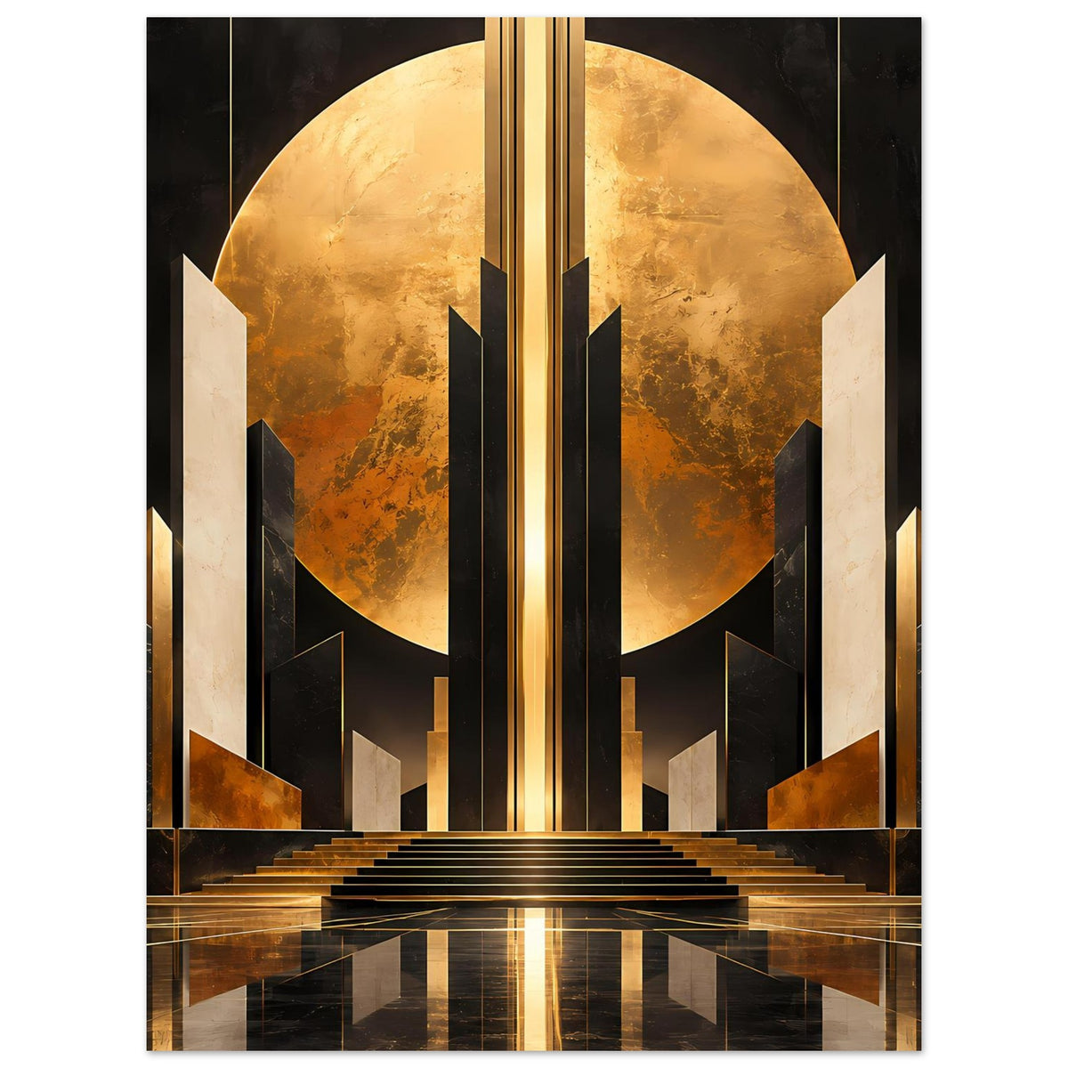 Art-Deco-Poster mit goldenem Lichtstreifen in der Mitte, Säulenfront und Treppen