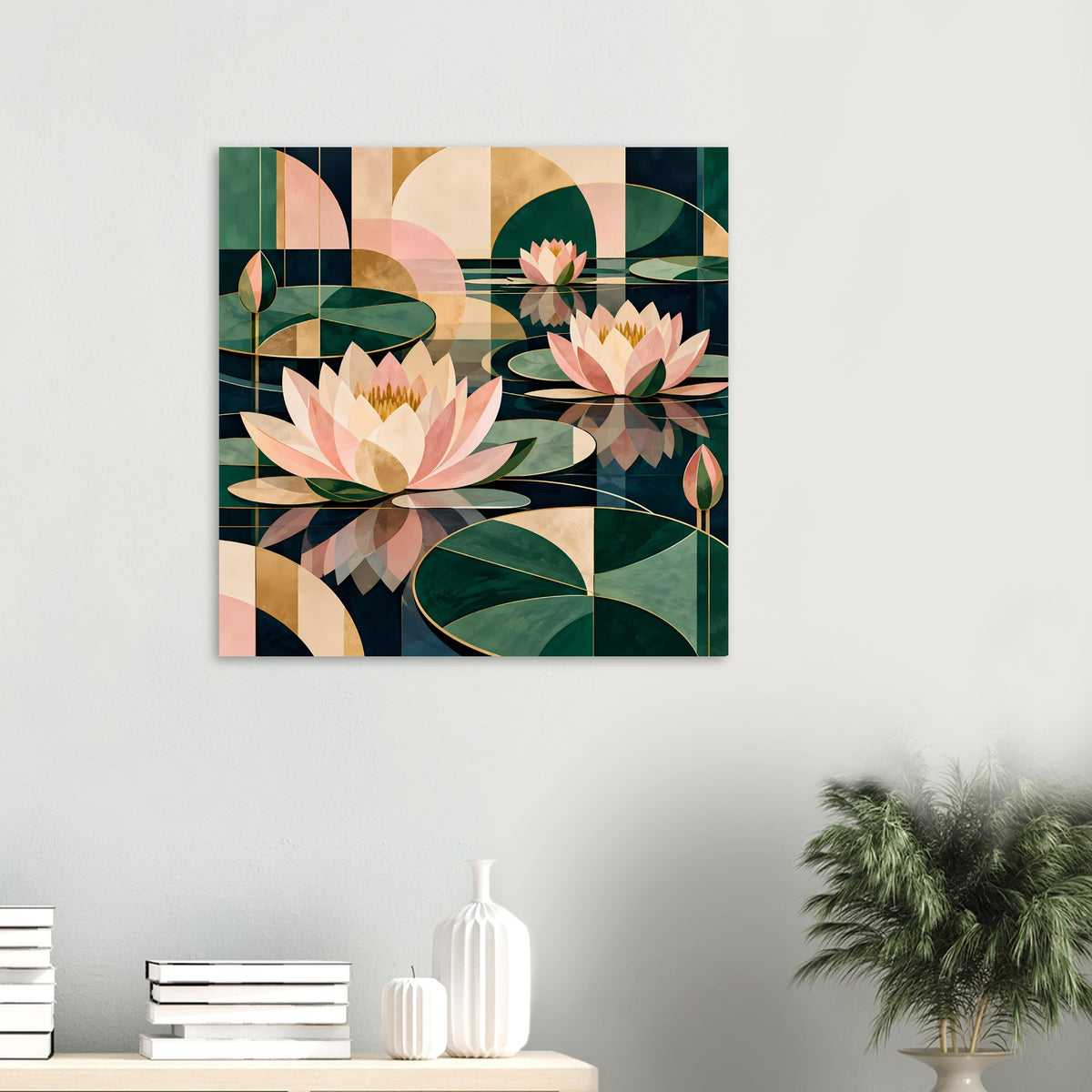 Lotus-Grafikposter mit einer großen Blüte, Blättern und Knospen in Grün-Rosa
