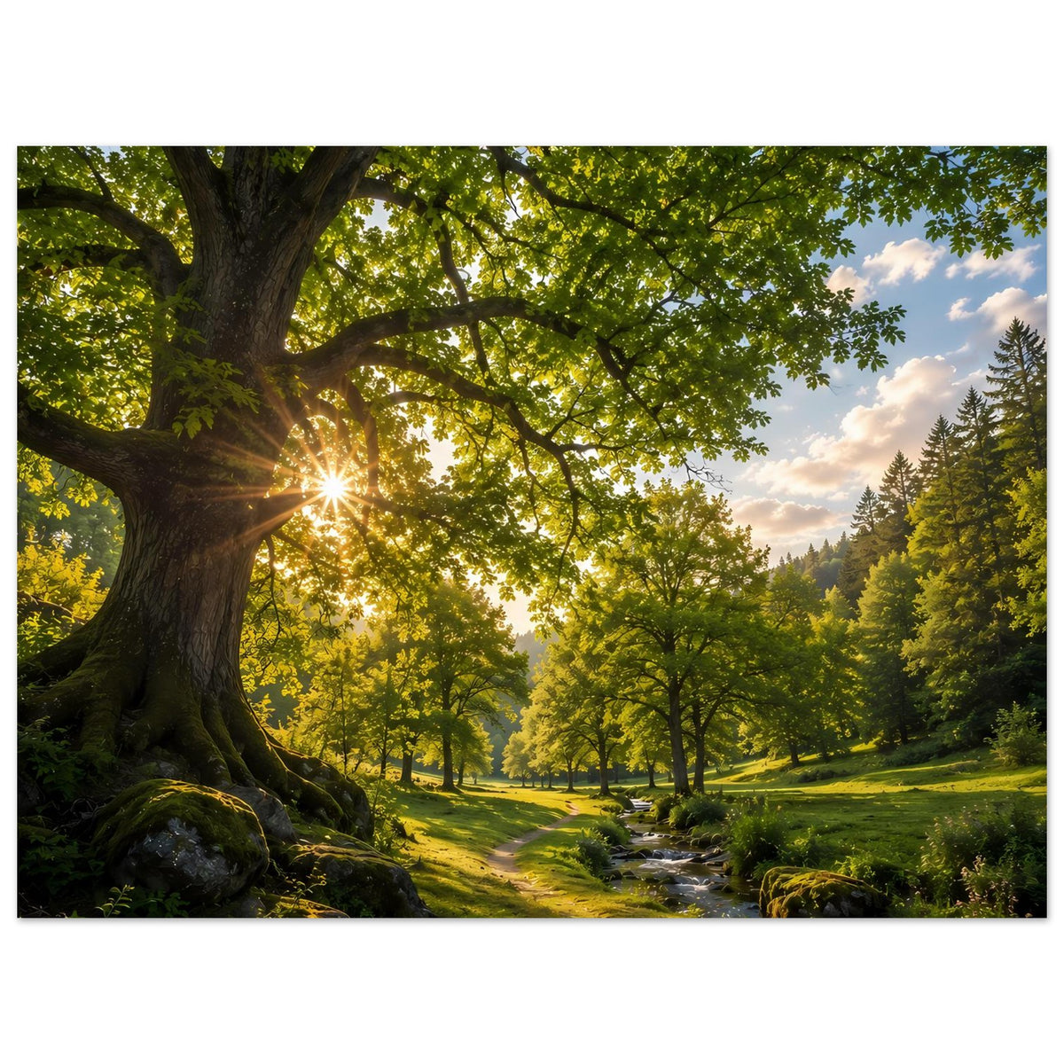 Poster im Querformat: Waldweg mit Bachlauf, großer Baum links, warmes Sonnenlicht