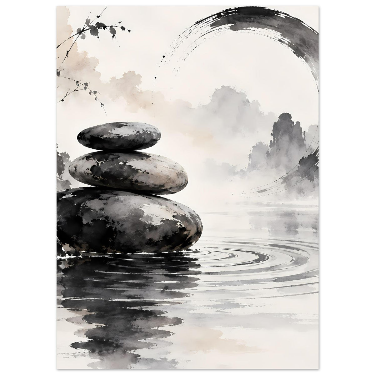 Schwarz-weißes Zen-Poster mit drei Steinen und breiten Wasserstreifen sowie dezentem Kreisbogen.