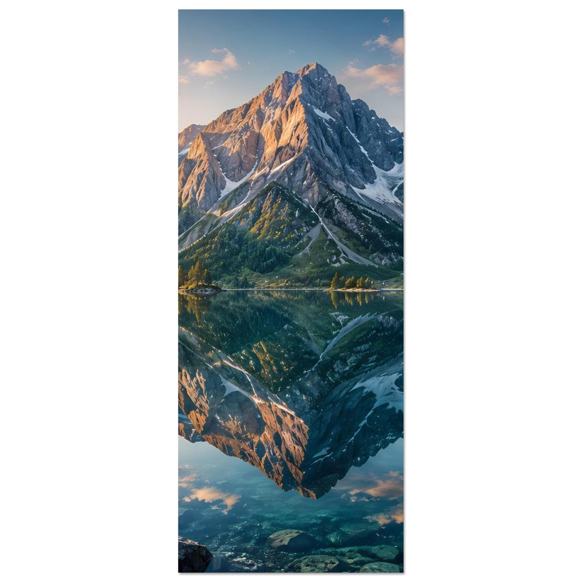 Vertikales Wandposter mit Berggipfeln, reflektierendem See und Waldhängen