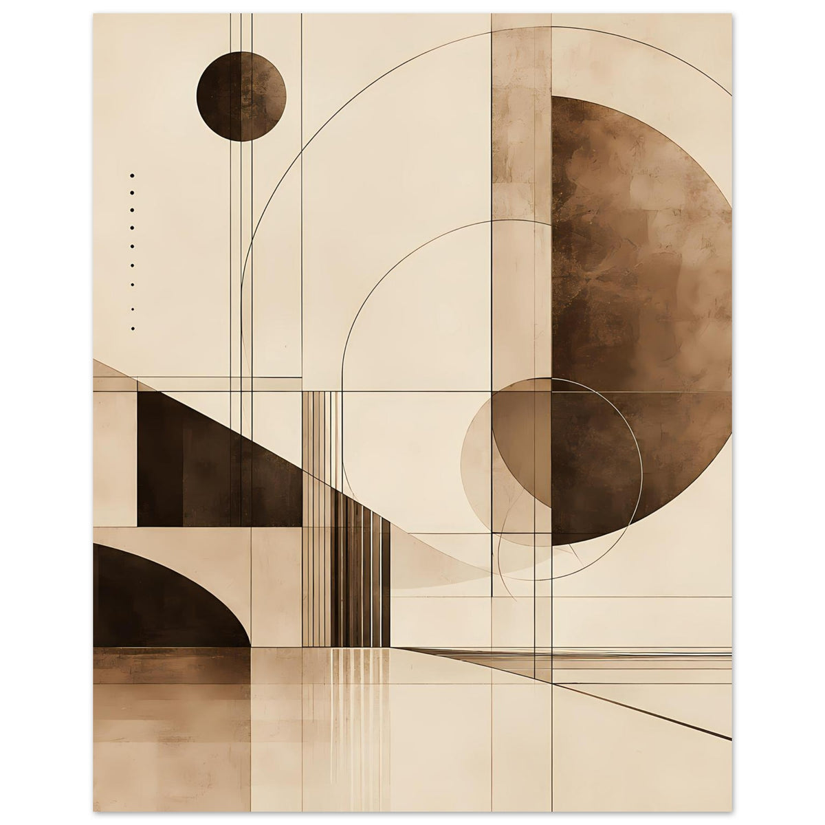 Bauhaus-Artprint: großer Kreis rechts, abstrahierte Rechtecke und Linien in Sepia