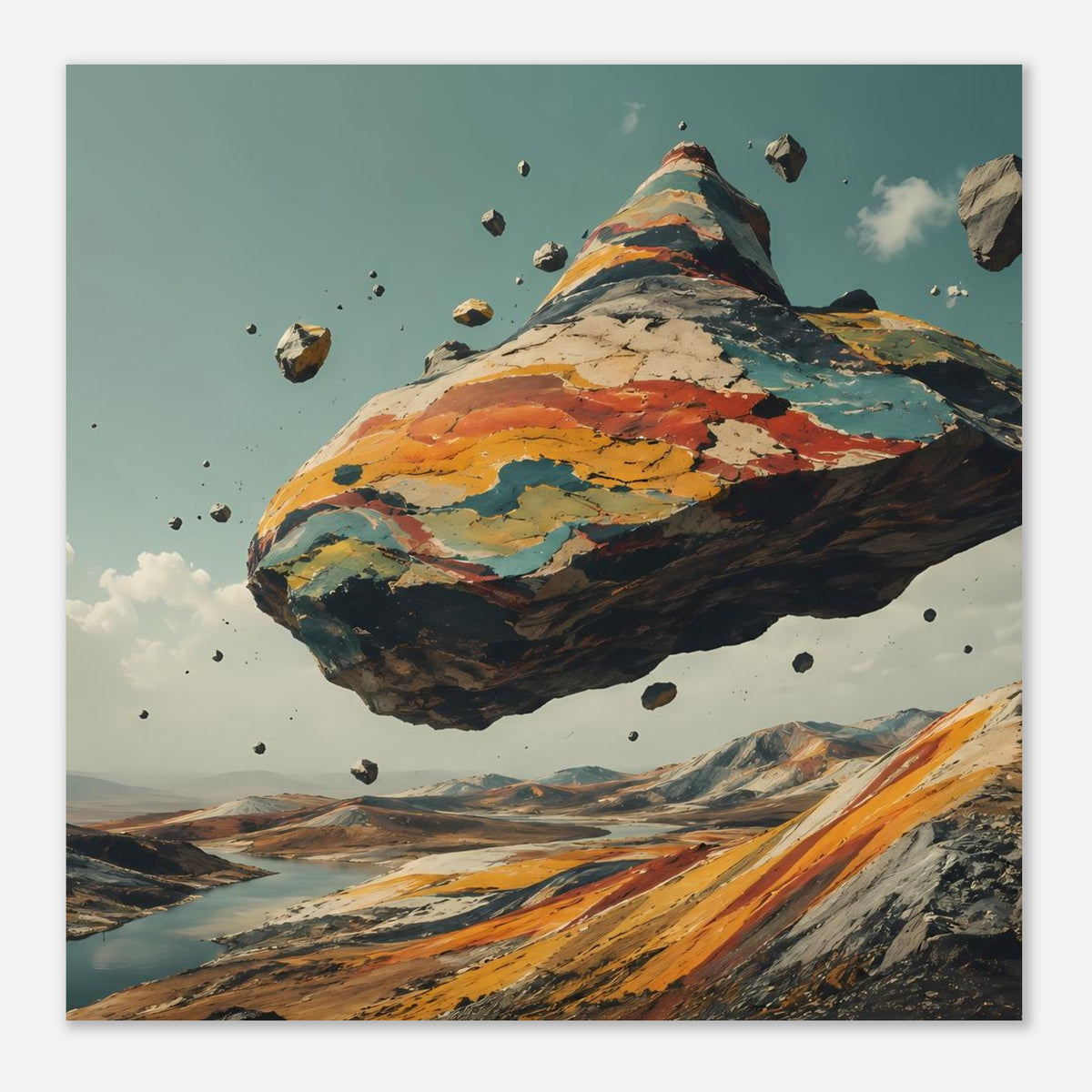 Poster mit schwebendem Berg im Surrealstil, bunte Erdtöne und verstreute Gesteinsbrocken