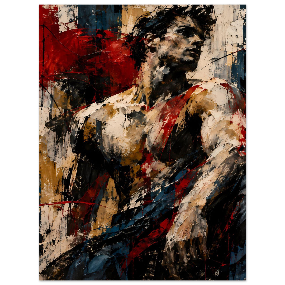 Abstraktes Muskelkunst-Poster mit gestapelten Pinselstrichen, Torso in Beige, Rot und Dunkelblau
