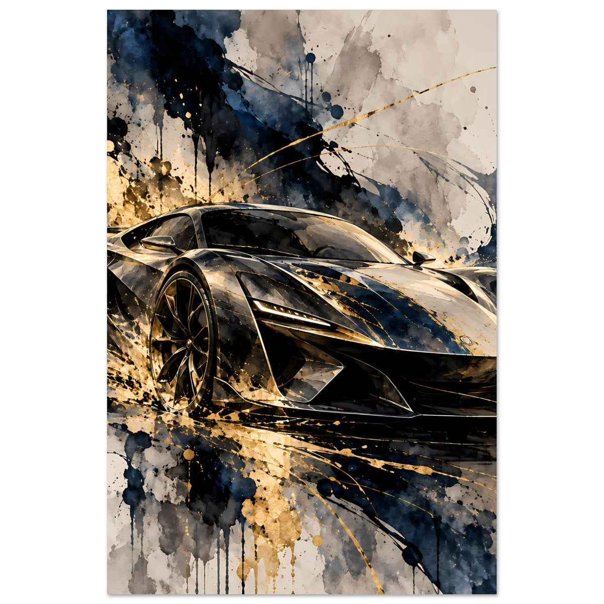 Poster im Hochformat mit Supersportwagen vorne links, Schwarz-Gold-Details, Farbkleckse