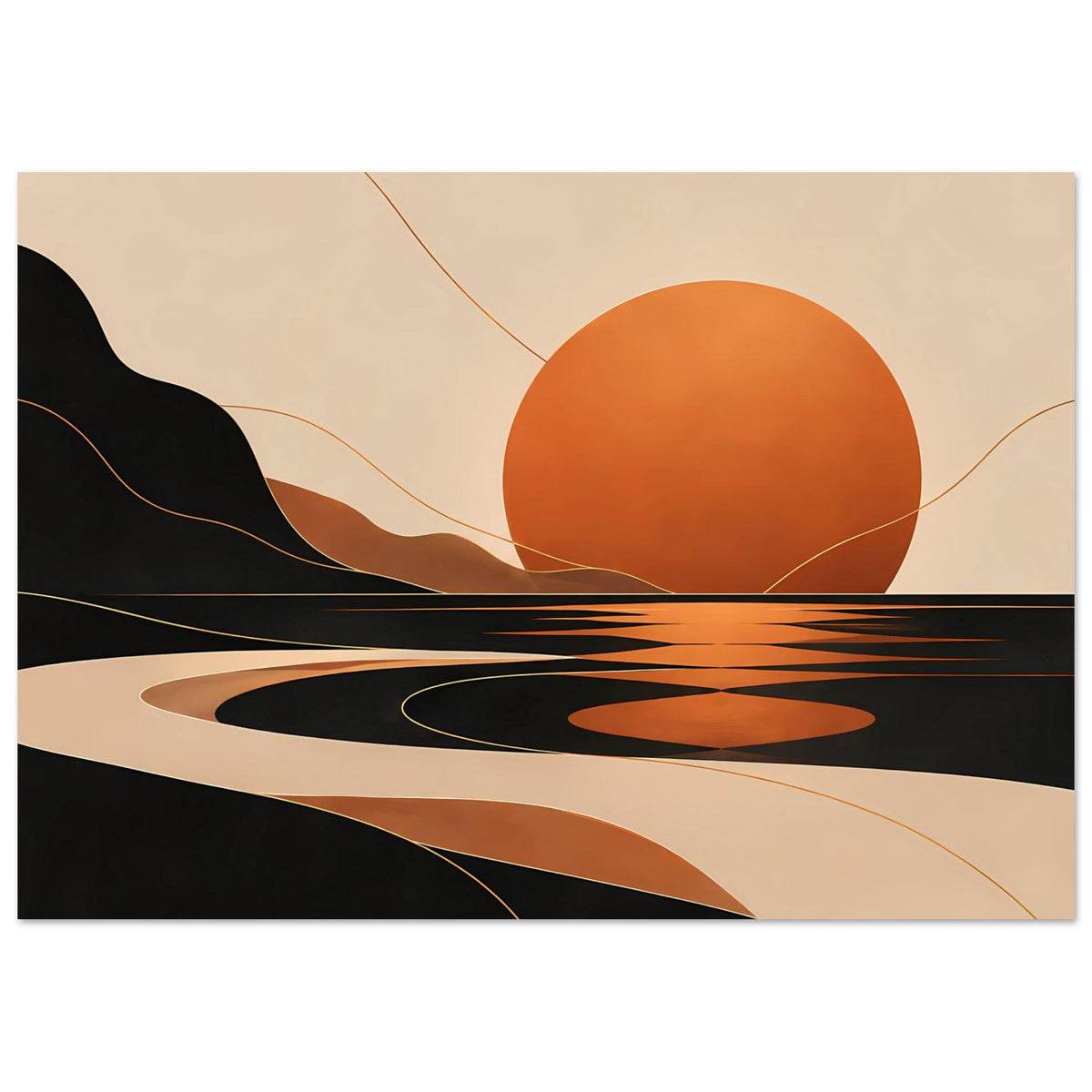 Horizontales Kunstposter mit orangefarbener Sonne, schwarzen Kurven und braunem Wellenband