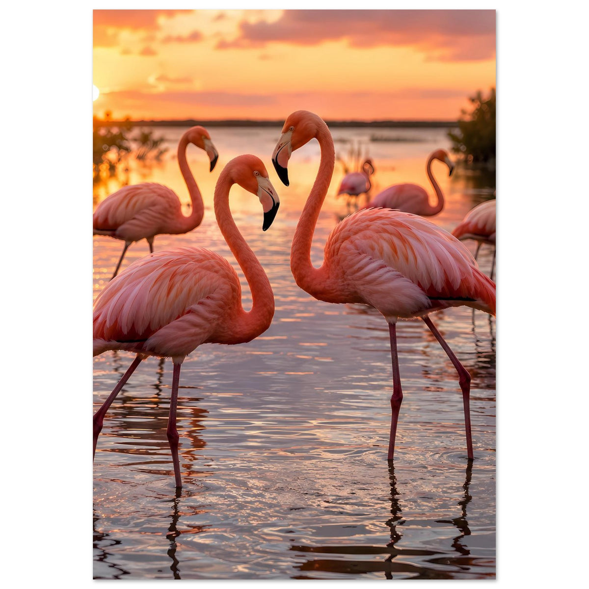 Poster im Hochformat: rosa Flamingos, Spiegelung im Wasser bei Sonnenuntergang