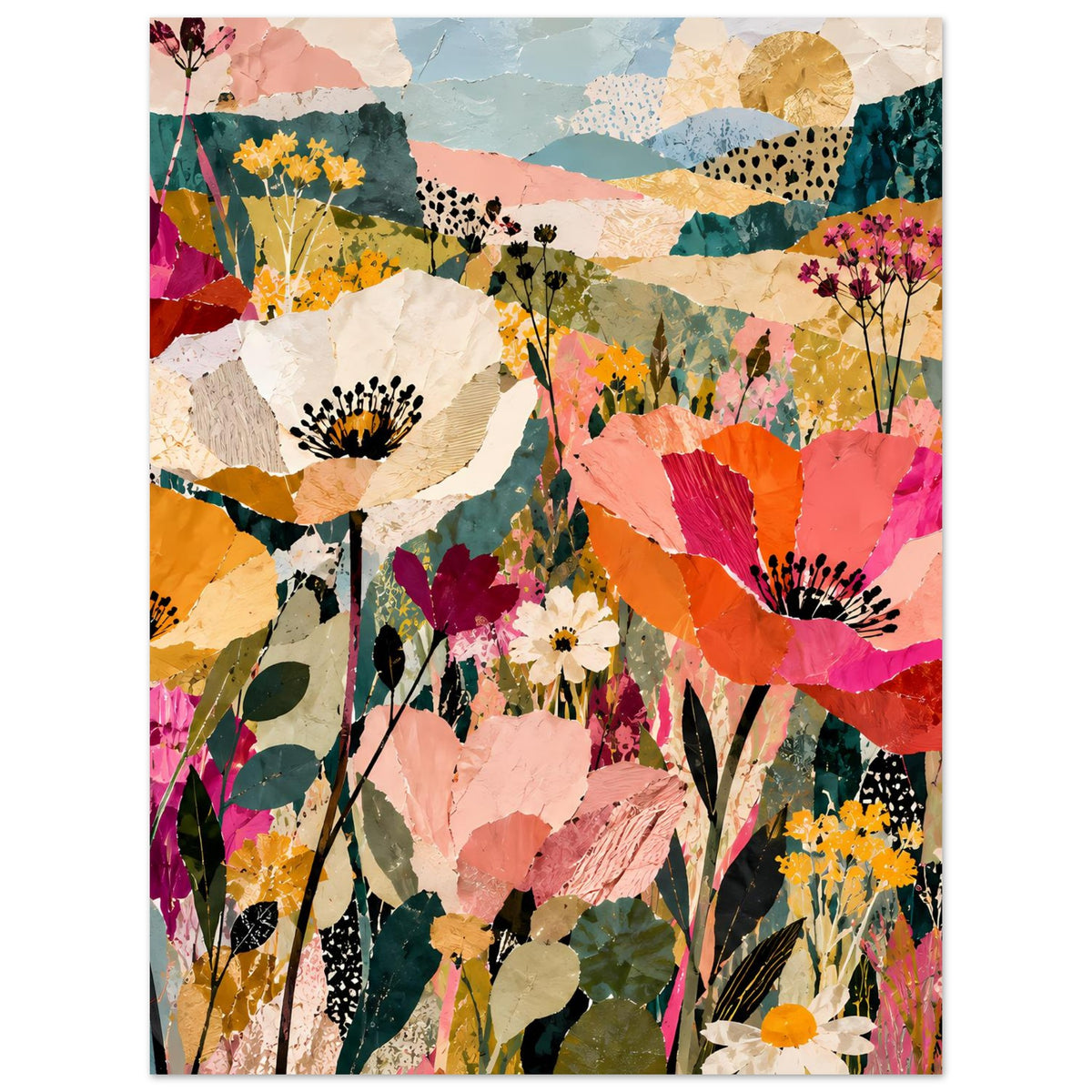 Blumen-Collageposter mit großen Blüten und Pflanzenstielen, vertikale Ausrichtung