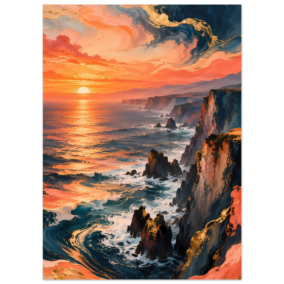 Wandposter im Hochformat mit Sonnenuntergang an der Küste, Klippen und lebendigen Farbübergängen