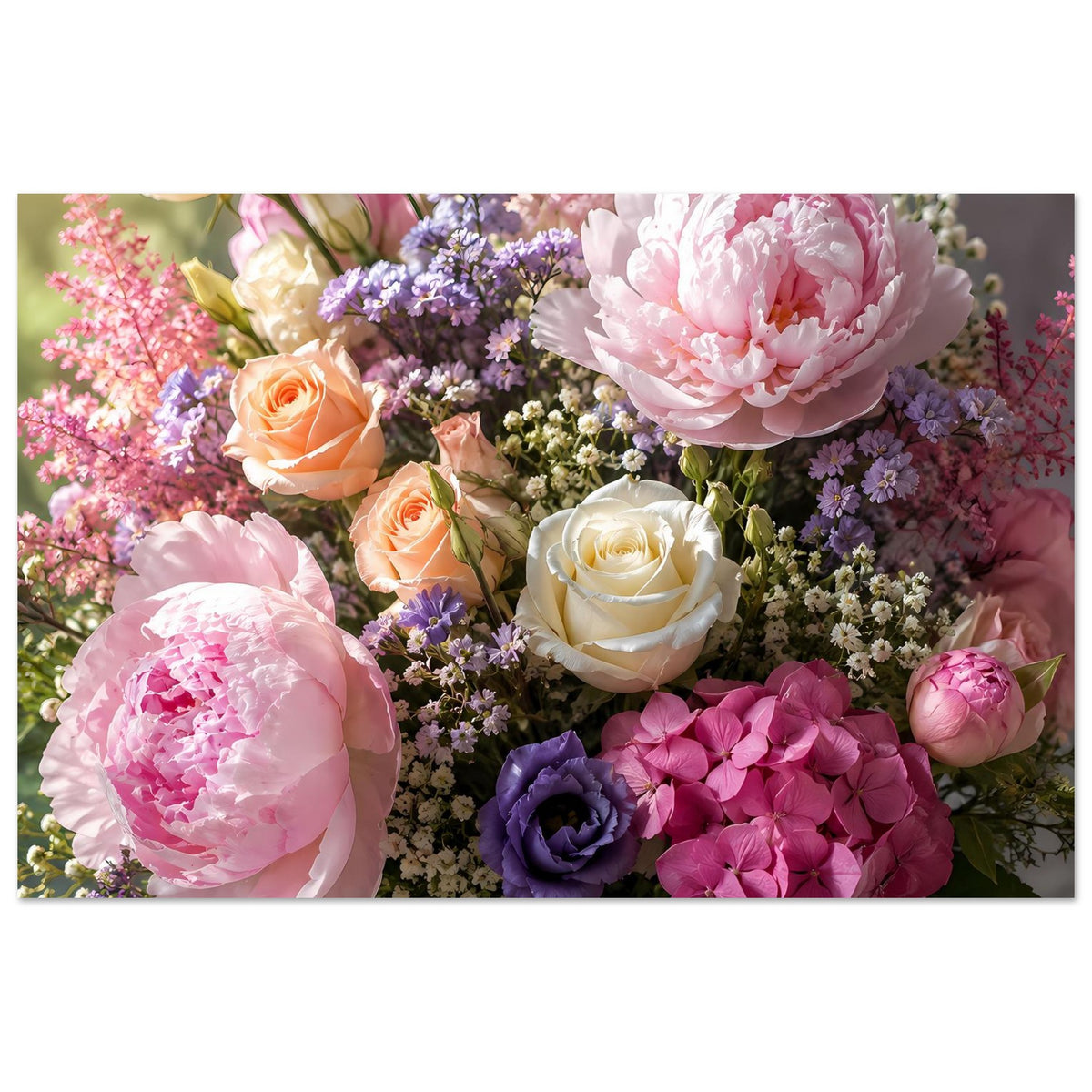Blumenstrauß-Poster im Querformat mit rosa, orange und magenta Blütenmix und grünen Blättern
