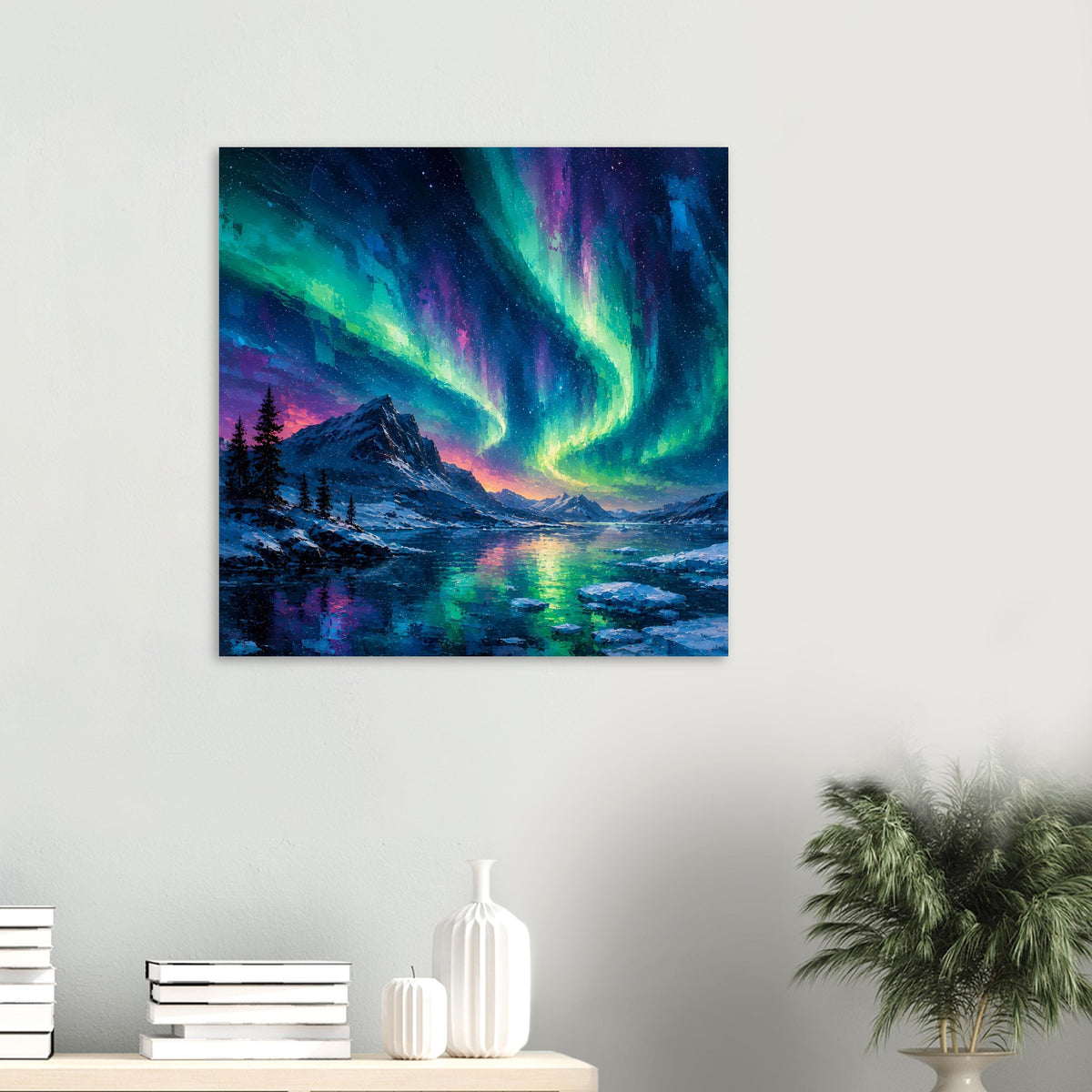 Quadratischer Poster mit Polarlicht am nächtlichen See, Berge und Tannen, blau-grün-violett