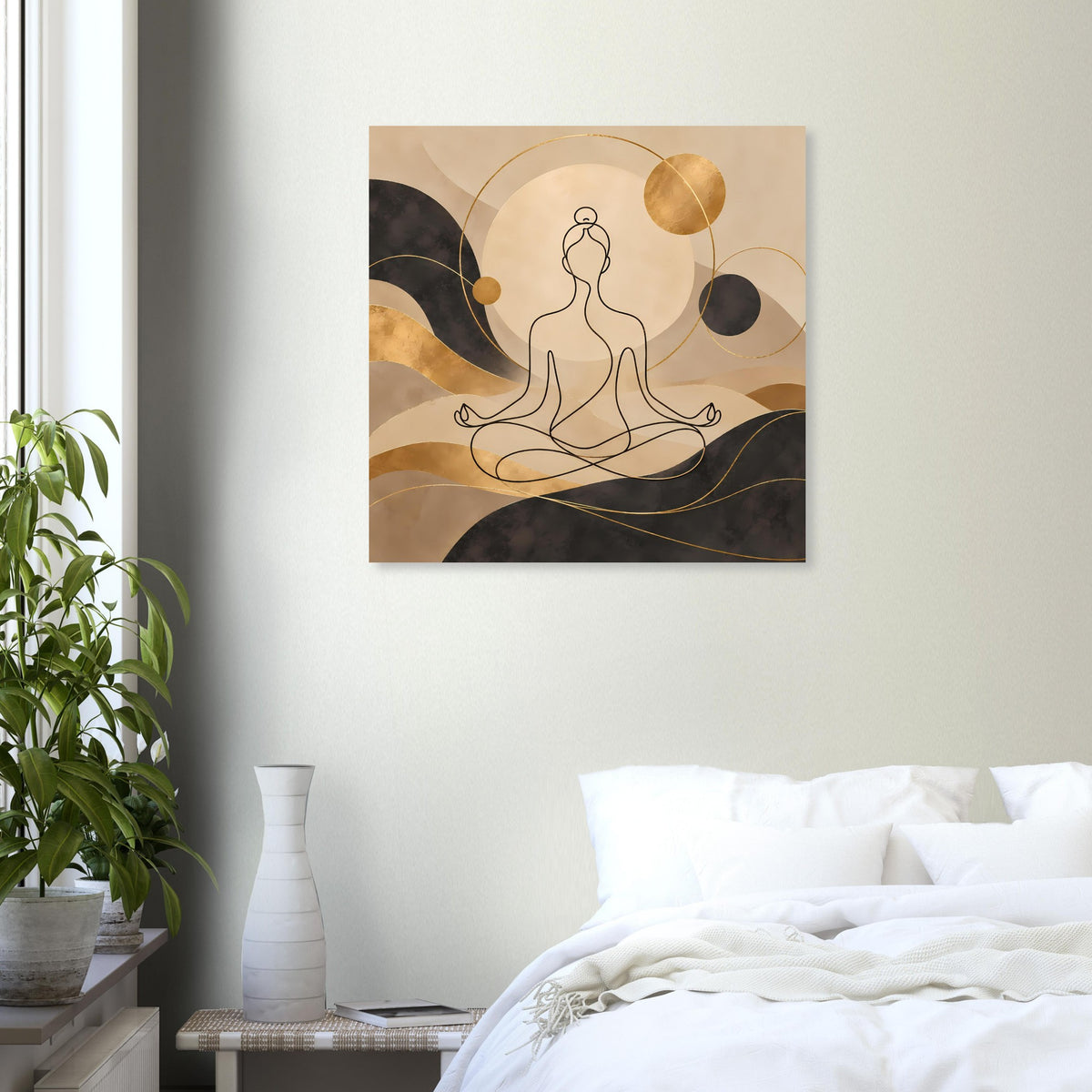 Minimalistischer goldener Kunstdruck mit Yoga-Silhouette und schwebenden Kreisformen