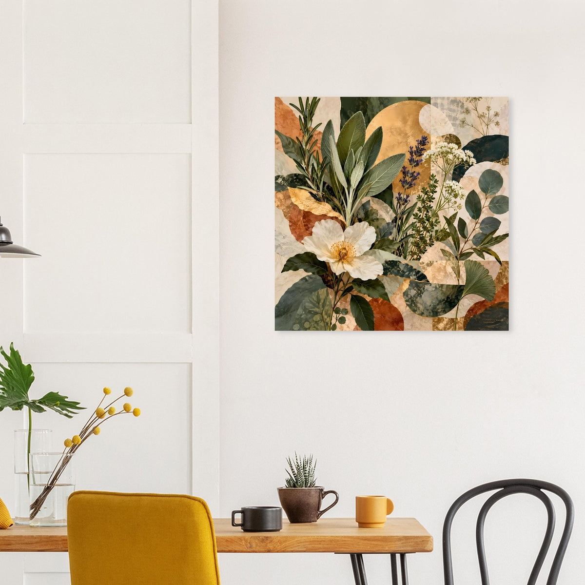 Botanisches Poster mit Blüten und Farnblättern in Beige-, Grün- und Erdtönen