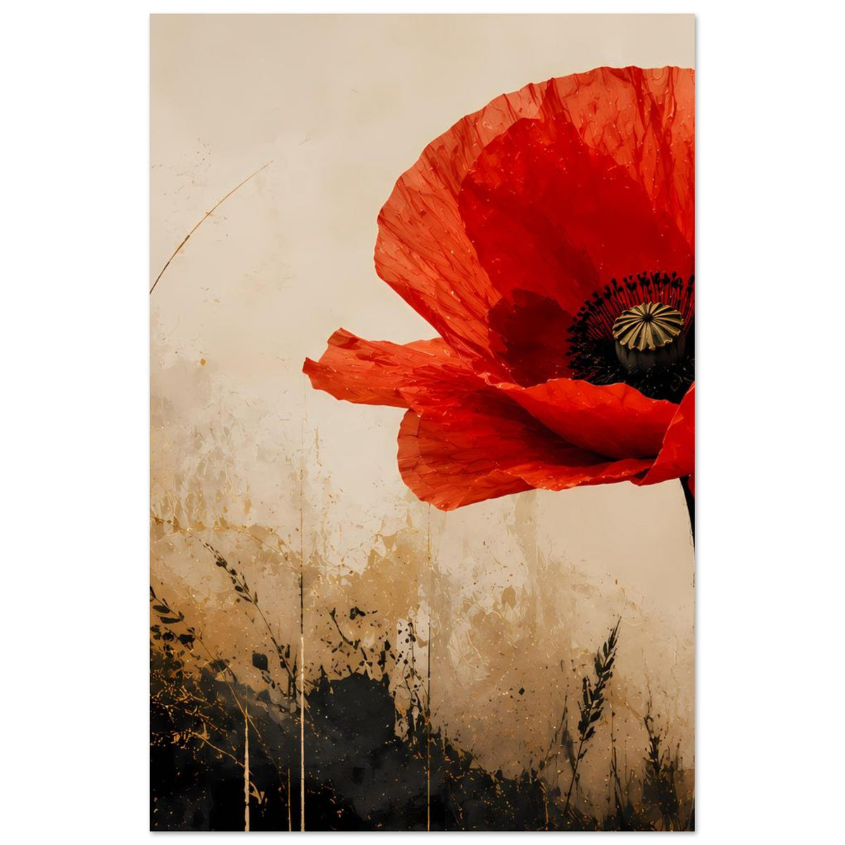 Vertikales Poster mit roter Mohnblume und schwarzem Blütenkern, Stiel nach unten