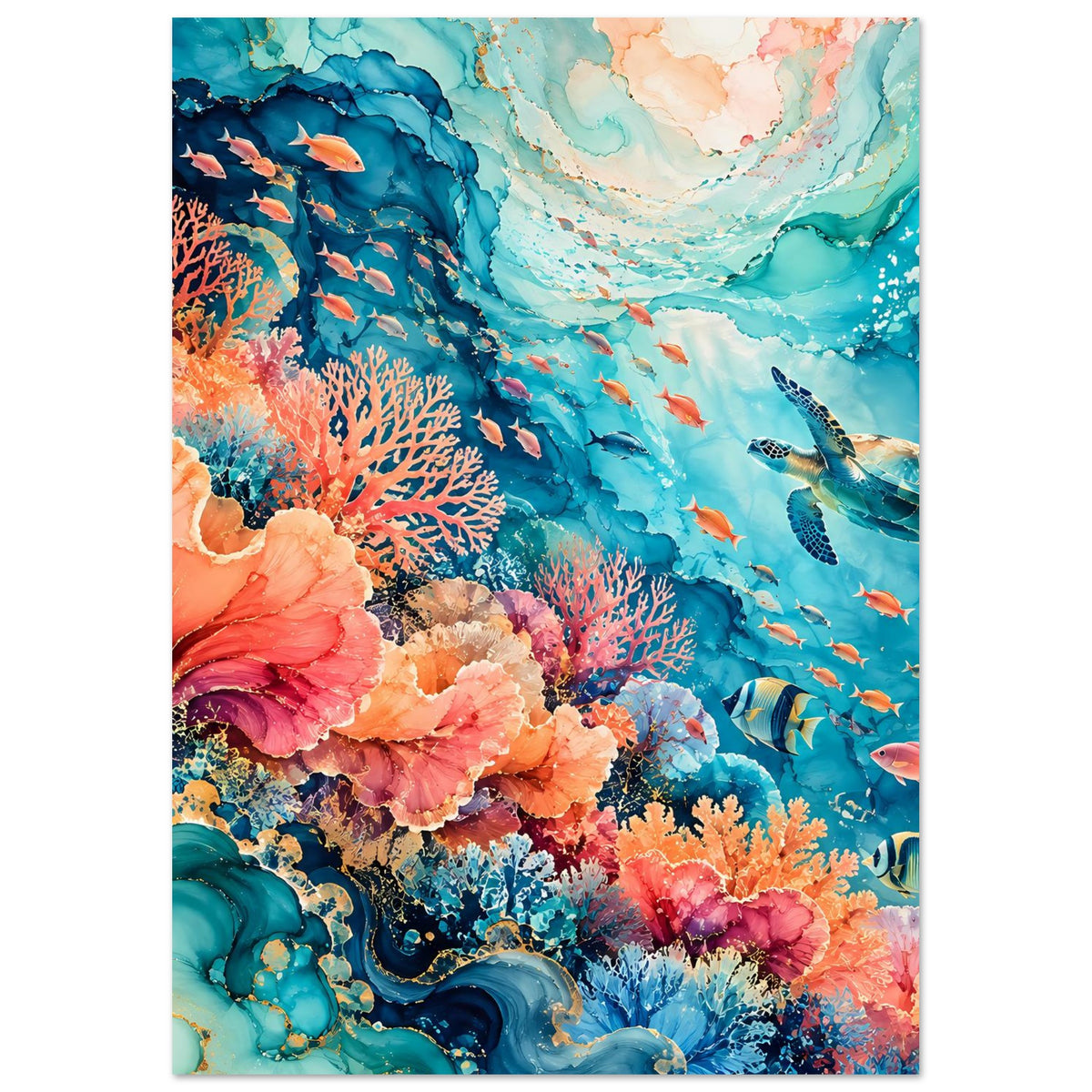 Unterwasserparadies-Poster im Hochformat: orange Korallen links, Fische rechts