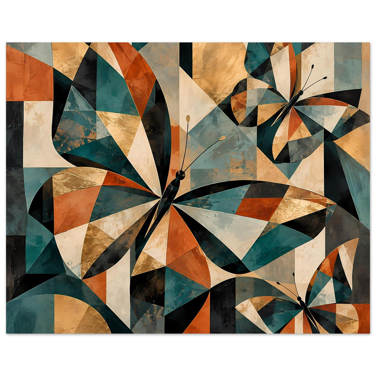 Gerahmtes Kunstposter mit geometrischen Schmetterlingen in warmen Erdtönen, orange, beige und türkis