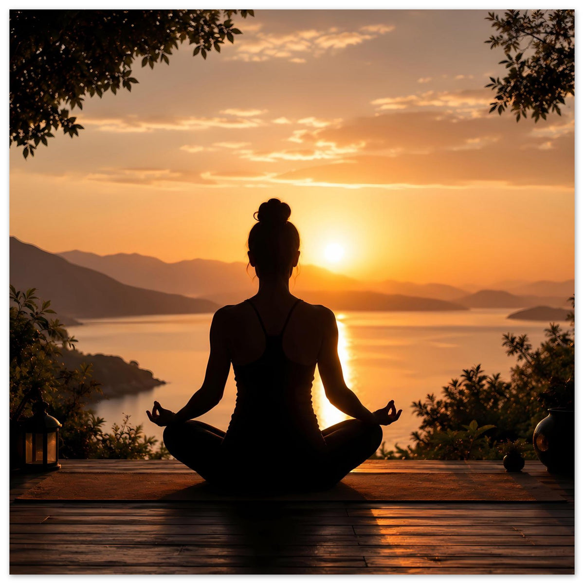 Poster mit Meditationssilhouette im Lotussitz vor goldenem Sonnenuntergang