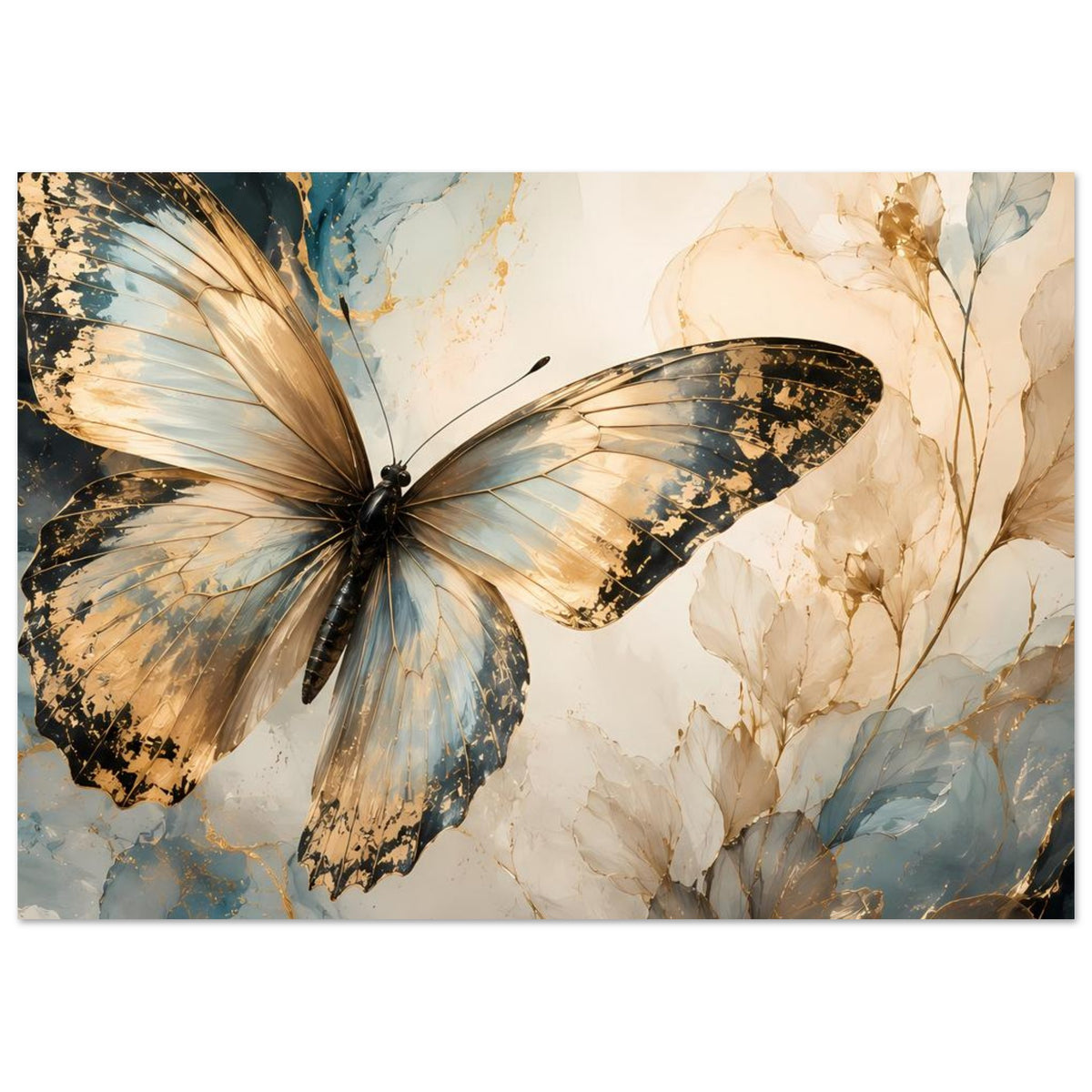 Querformat-Kunstposter mit Schmetterling in Blau-Gold und beigen Blattzweigen